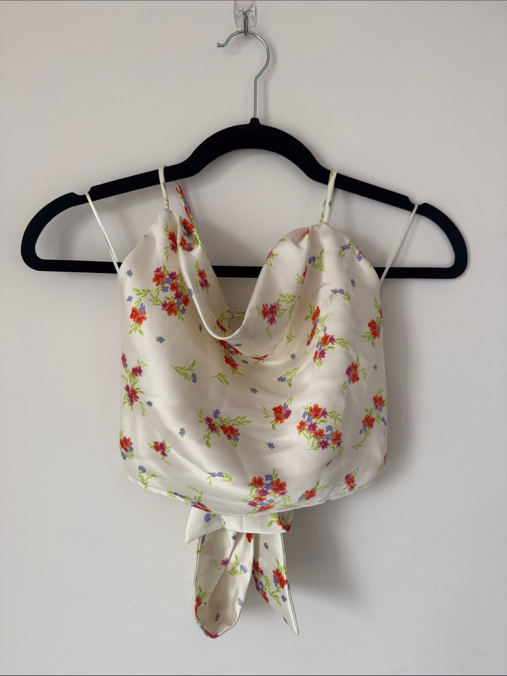 Zara Cream Floral Satin Cowl Neck Tie-Back Tank Top